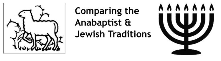 Text: Comparing the Anabaptist & Jewish Traditions On the left side of the words is an Anabaptist symbol (a lamb caught in thorns) and on the right is a Jewish symbol (a 7-branched menorah)