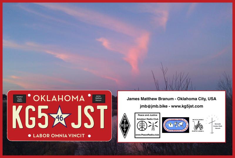 photo of Oklahoma sunset, with ham radio callsign license plate, name, and some logos of ham radio clubs