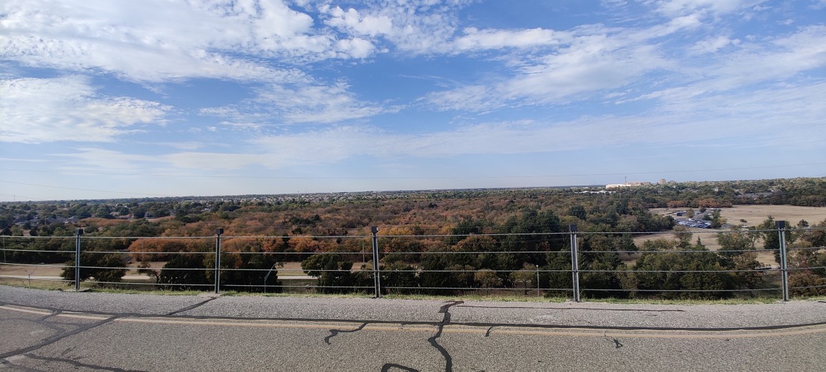 view of fall leaves seen from on top of the Lake Hefner dam
