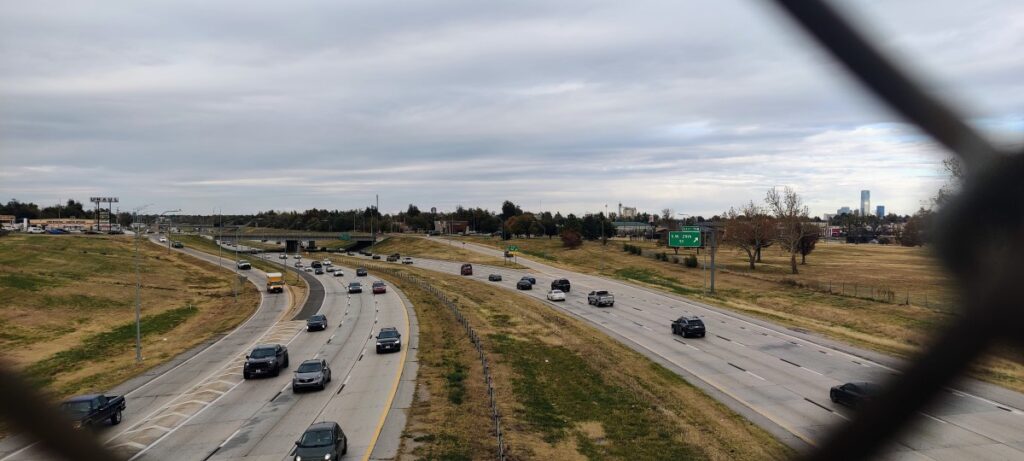 view from pedestrian bridge over I-44 on southside
