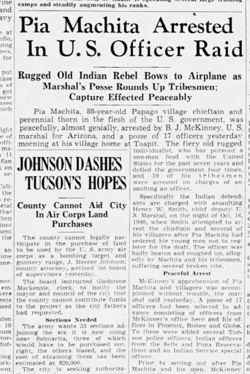 picture of news clipping May 20, 1941 Headline rreads "Pia Machita arrested in U.S. officer raid"